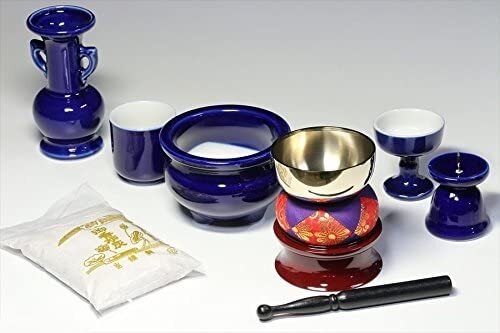 国産 ミニ仏壇 仏具 セット 陶器 5点+香炉灰+おりん 4点 マッチ付拍卖
