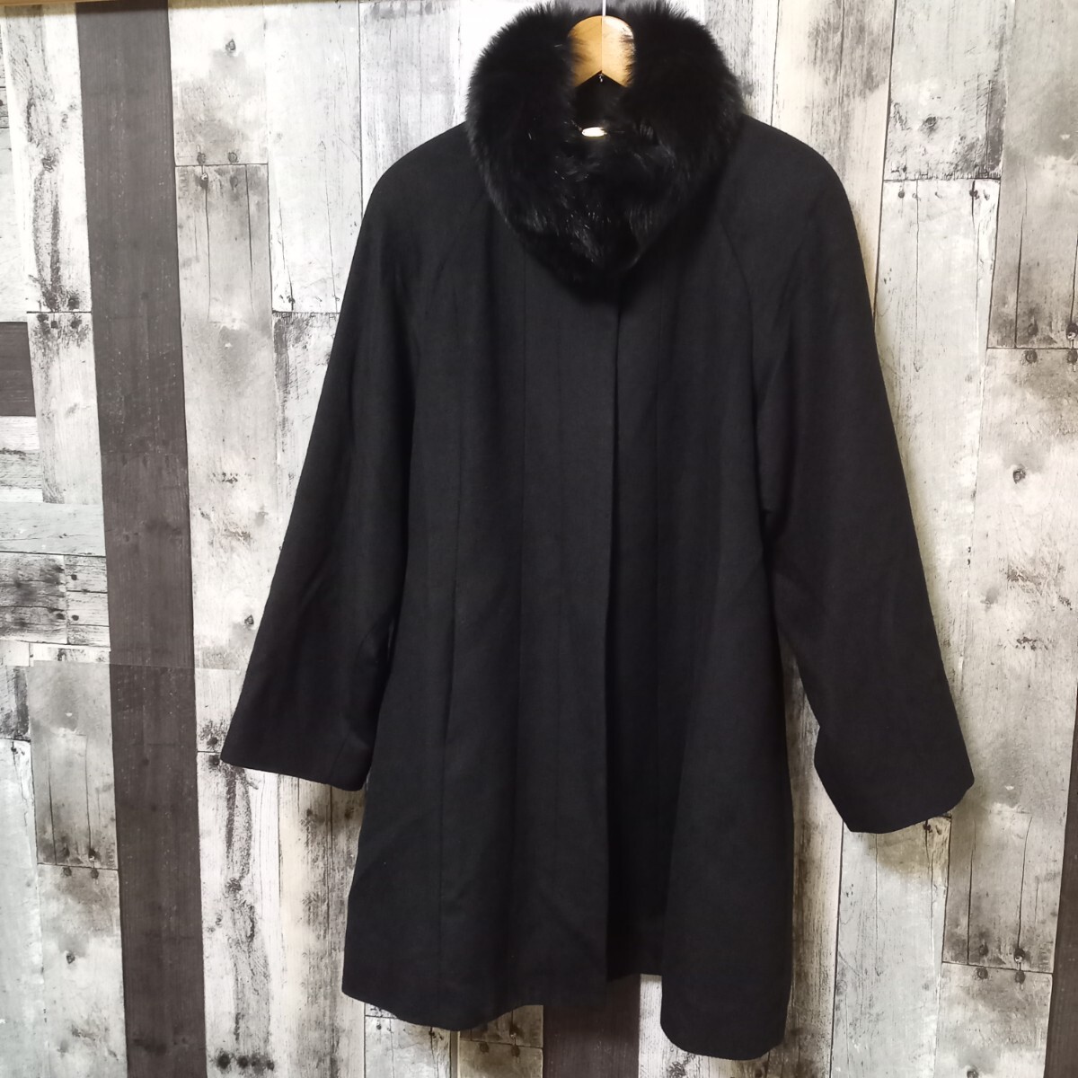 カシミヤ100% ロングコート 11AR ブルーフォックスファー ファー取り外し可能 襟毛皮 比翼 ブラック系 レディース拍卖