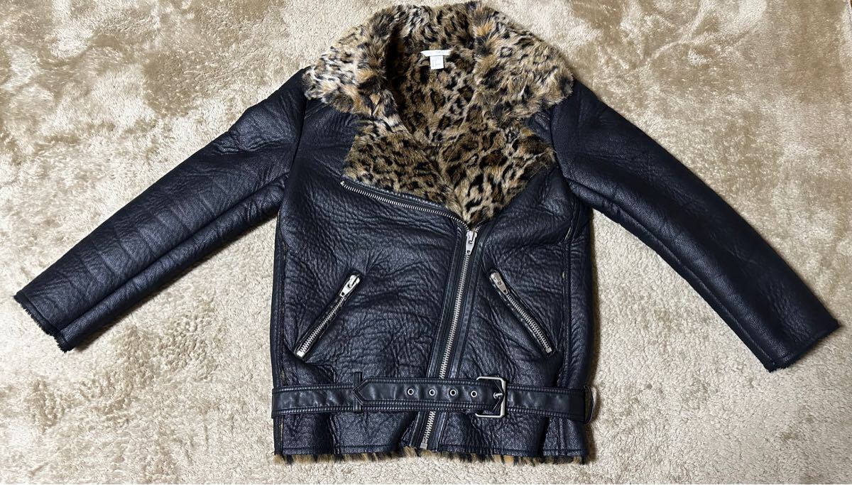 H&M レオパード ボア フェイクレザー ダブルライダースジャケット拍卖