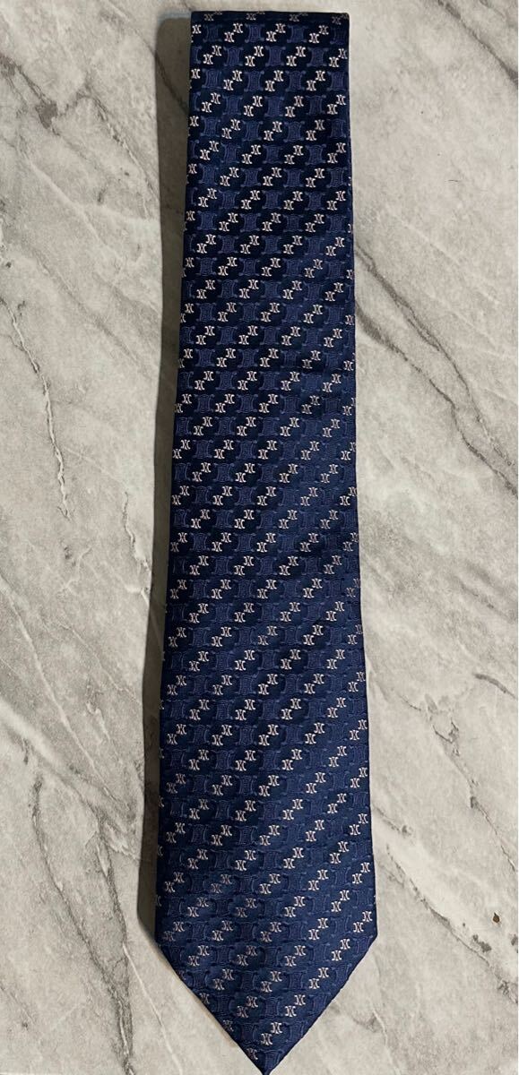 セリーヌ マカダム ジャガード 刺繍 シルク 100% ネクタイ ネイビー拍卖