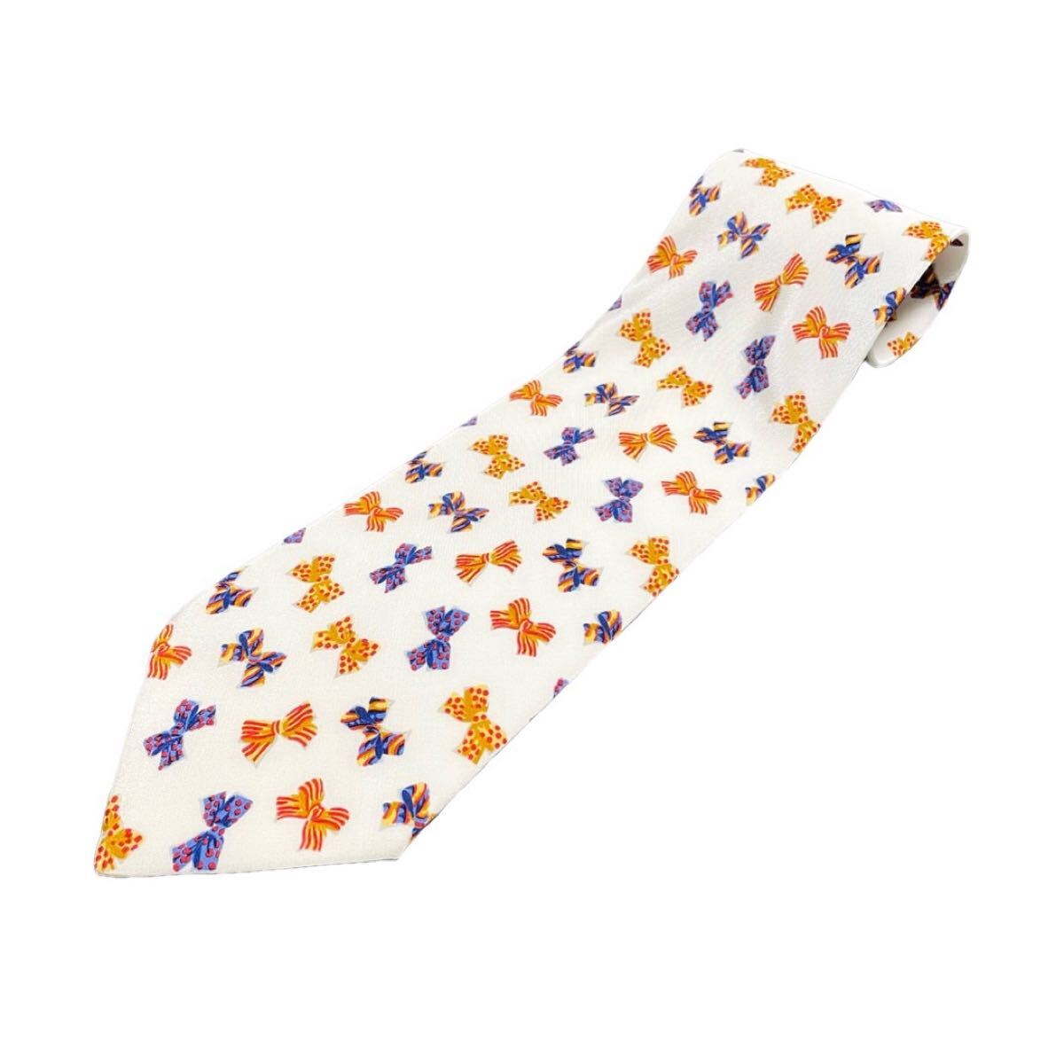 MADE IN ITALY製 GINO ROSSINI リボン柄シルクネクタイ ホワイト イタリア製拍卖