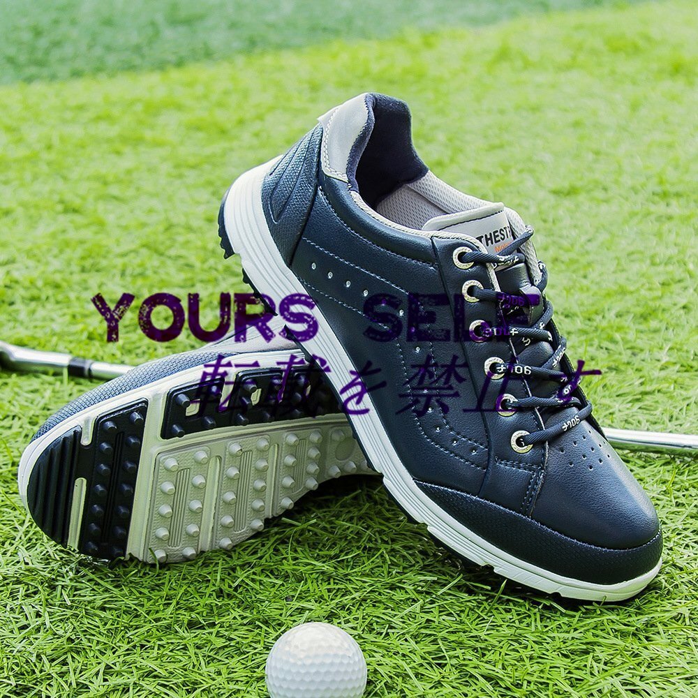 ゴルフシューズ 新品スポーツシューズ 幅広 メンズ 運動靴 強いグリップ 紳士スニーカー フィット感 防滑 耐磨 撥水 ネイビー 24.5cm~29cm拍卖