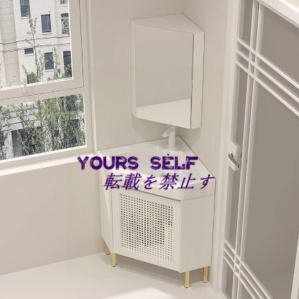 陶器コーナー手洗い器 セラミックシンクとミラーキャビネット付きコーナー洗面台キャビネット フロアマウントバスルームバニティ拍卖