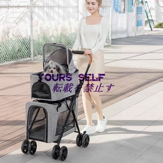 特選 ペットカート 折り畳 4輪 小型組み立て簡単 耐荷重15kg 二層設計 メッシュ付き 犬 猫 多頭同時使用 散歩拍卖