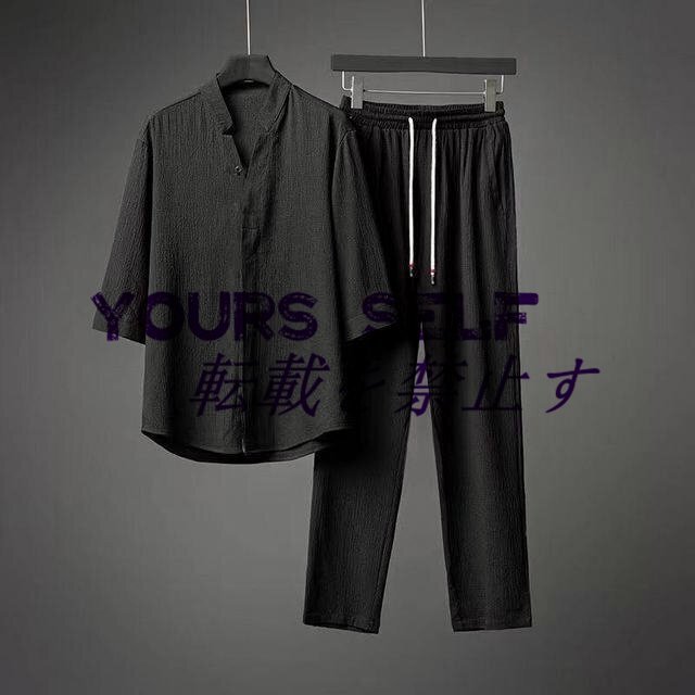 夏 Tシャツ ロングパンツ パンツ メンズ ルームウェア 部屋着 涼しいセットアップ 上下セット ブラック 2XL拍卖