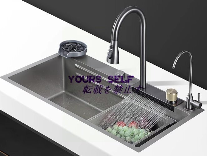 大型キッチンシンク 304ステンレスウォーターフォールシンク台所シングルシンクブラックシンクセット引き出し式蛇口付き80x45cm拍卖