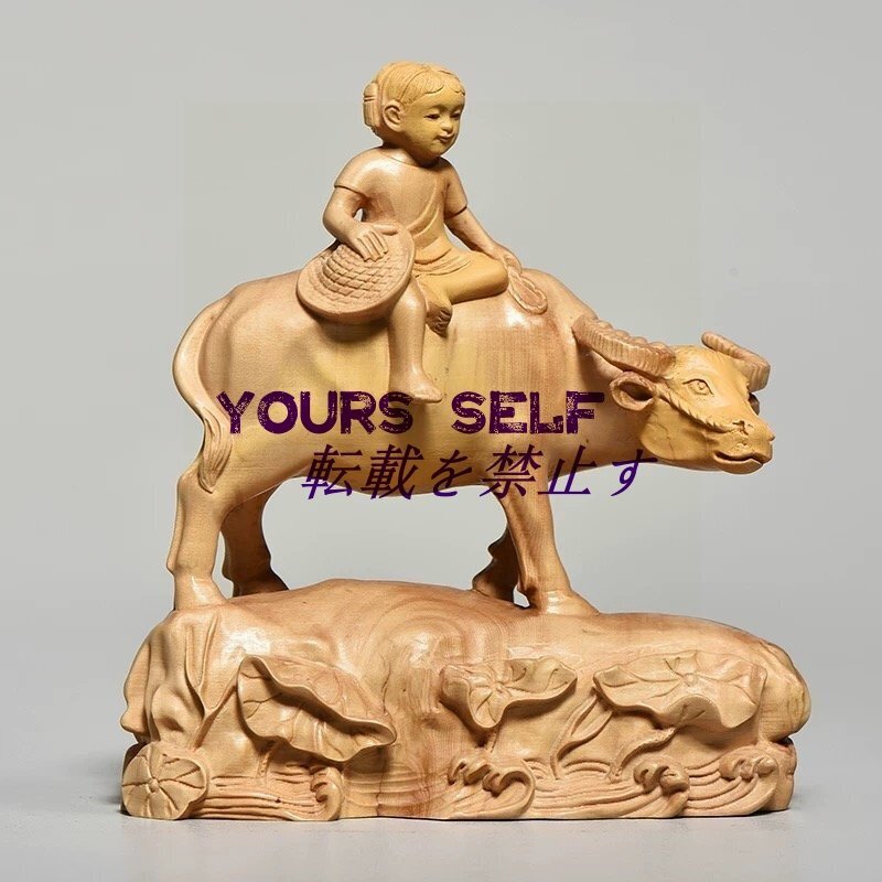 木彫り 牛 置物 牛 オブジェ 置物 動物 干支 牛乗 童女拍卖