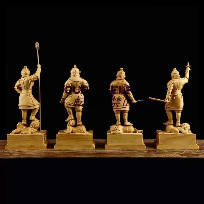 木彫り 仏像四天王:多聞天 広目天 増長天 持国天柘植(つげ) 美術品 ツゲ 彫刻仏像 仏様 置物 仏像コレクション拍卖