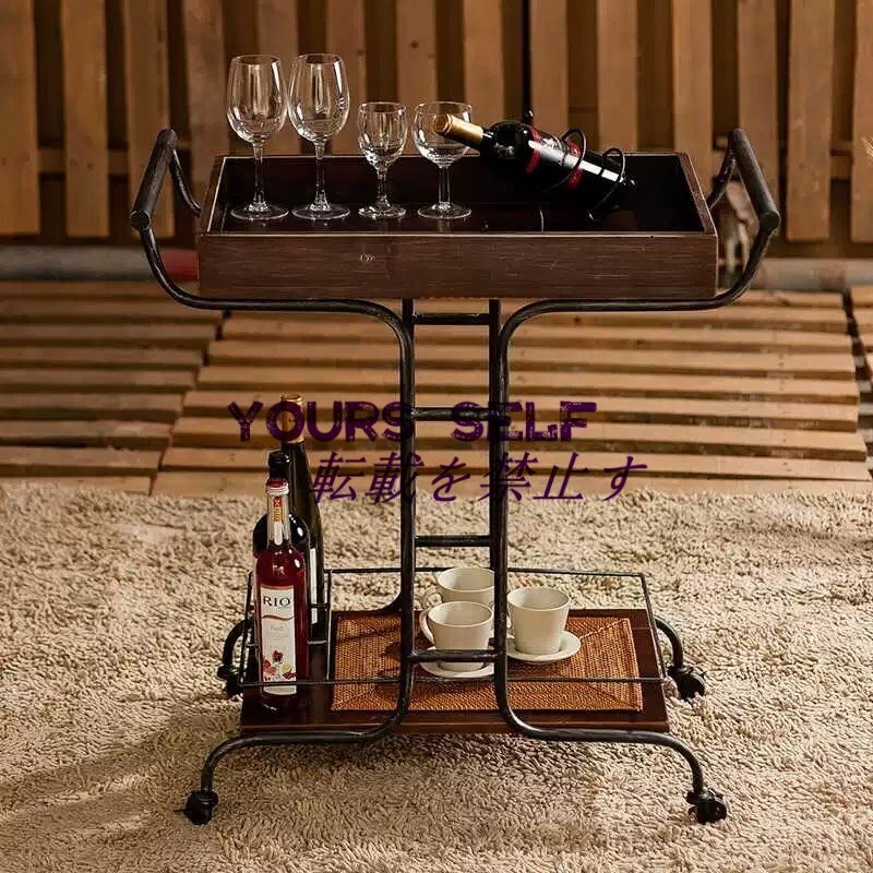 バーサービングカート2層素朴なキッチンバーカート アンティークメタルフレーム ワインコンパートメントラック キャスターホイール付き B拍卖