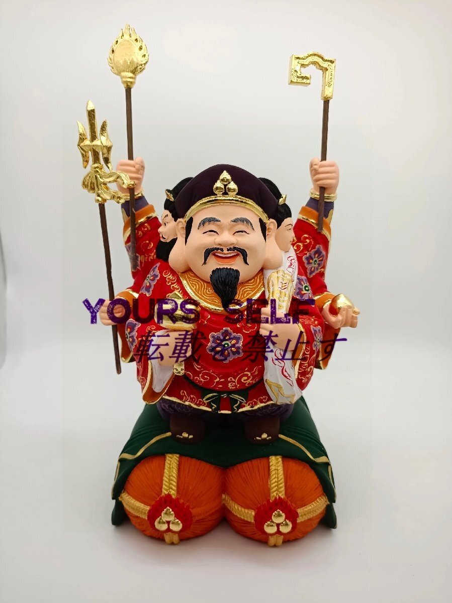 最新作★ 総檜材 木彫仏像 仏教美術 精密細工 彩色 三面大黒天 18cm拍卖