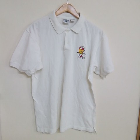 ★【古着】ACME(アメク) ポロシャツ 半袖 ワッペン付き サイドスリットあり 白(ホワイト) Lサイズ拍卖