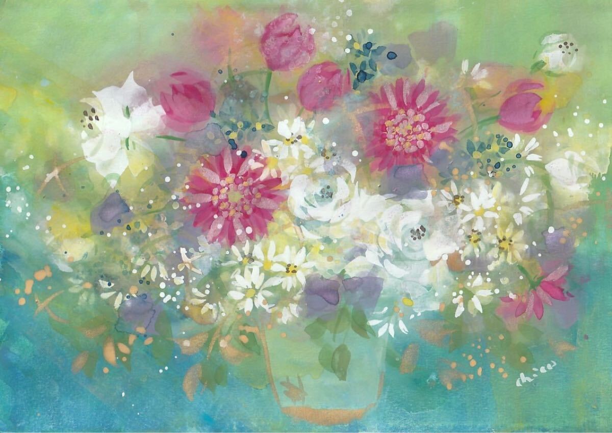 【fairy flower 】真作1点物 原画 絵画 直筆サイン A4サイズ 花 薔薇 ローザ 癒し 水彩画 送料無料拍卖