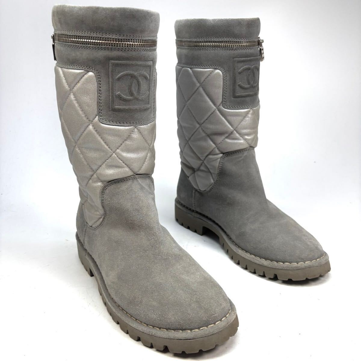 CHANEL シャネル ココ・コクーン ブーツ スエード 36 23cm レディース 靴 シューズ キルティング ココマーク グレー拍卖