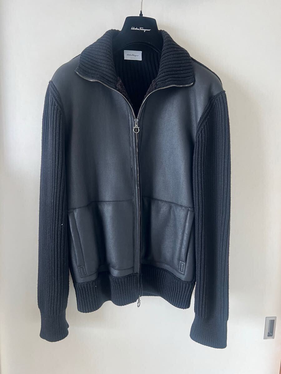 (期間限定4/15迄)美品フェラガモ ジャケット ムートン ラムレザー ウール ブラック 希少サイズ”XL 黒 ジップアップ ブラック 拍卖