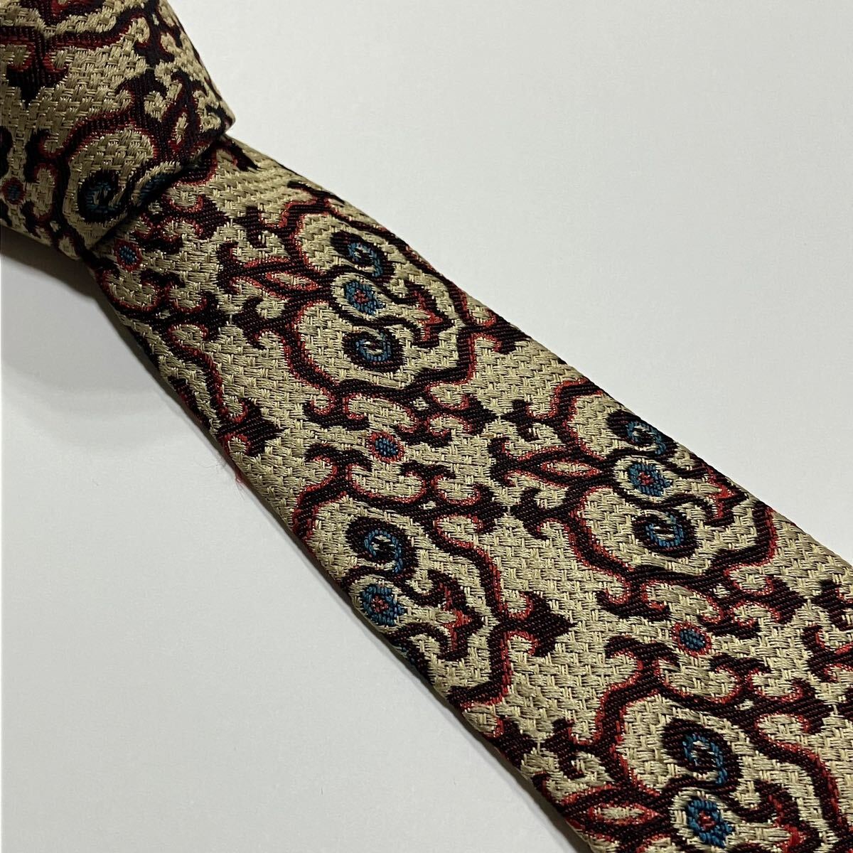 アート ジャガード 編み込み デザイン ネクタイ 古着 ベージュ ワイン ブルー 338-9拍卖