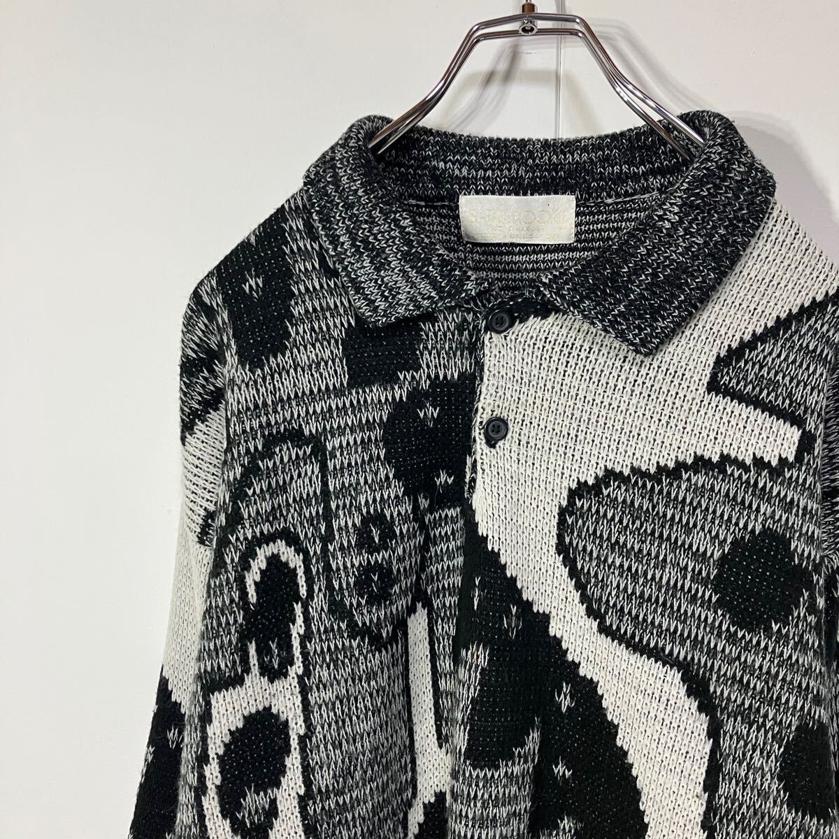 古着 ヴィンテージ アート モノトーン 襟付き 長袖 ニット ブラック ホワイト拍卖
