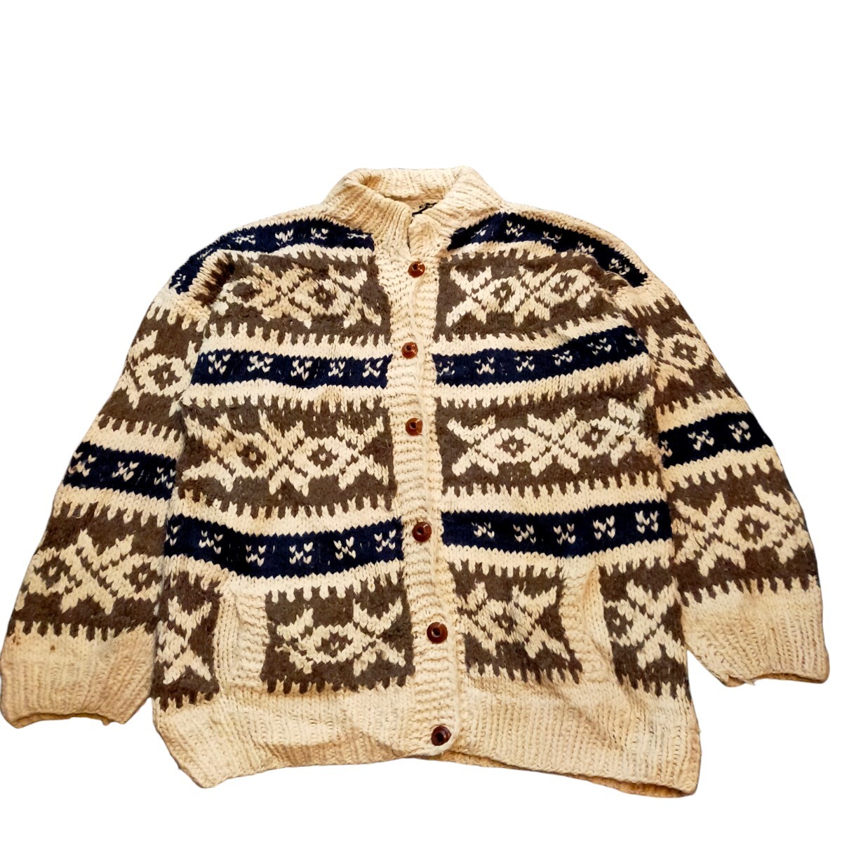 古着 ニットカーディガン エクアドルニット 総柄 ウール ハンドニット ヴィンテージ拍卖