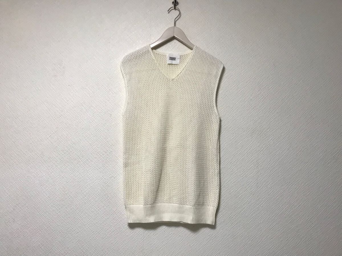 美品本物タケオキクチTAKEOKIKUCHIリネン麻コットンアクリルVネック編み込みメッシュニットベストジレメンズビジネススーツL白ホワイト3拍卖