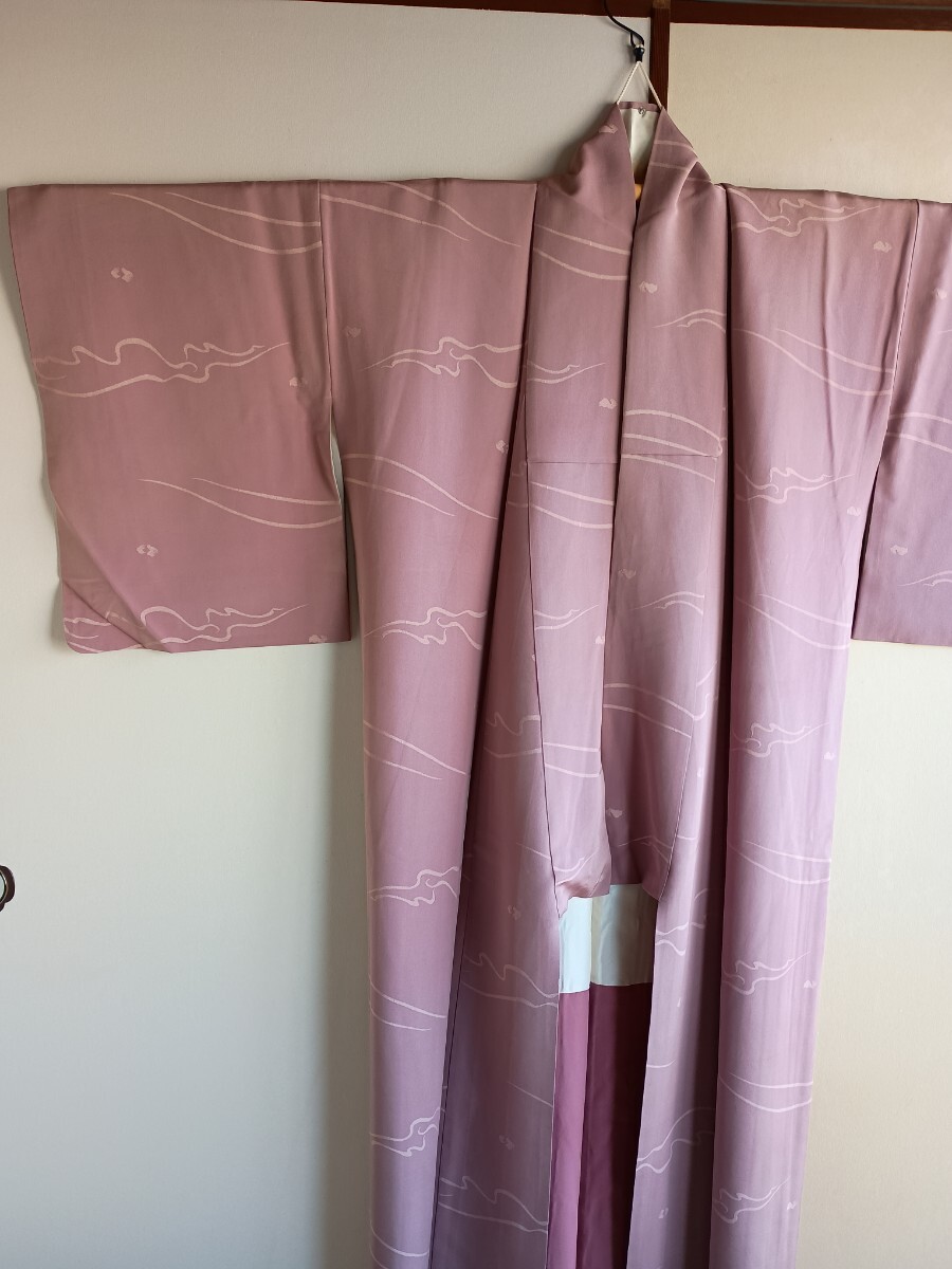 藤紫色 小紋 着物 正絹 着用用 リメイク用 古着拍卖