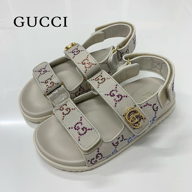 M11020 グッチ ダブルG ラインストーン ファブリック レザー フラットサンダル アイボリー拍卖
