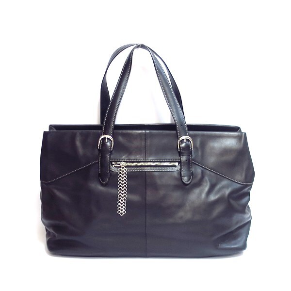 agnes b アニエスベー チェーンデザイン インナーポーチ付 レザー トートバッグ ブラック【送料無料】中古品 used AB拍卖