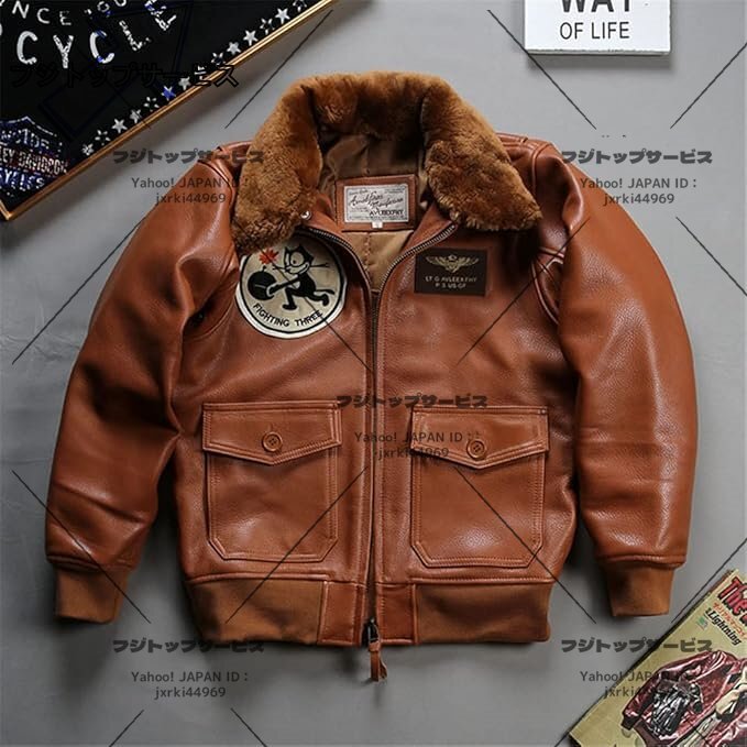 山羊革ジャケット 本革ジャケット アメリカG1空軍服 綿入れ 猫柄 レザージャケット 厚手 ウールファー襟 革ジャン メンズ 3色から選拍卖
