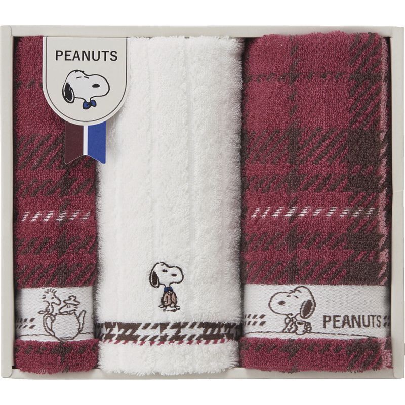 〔ギフト〕スヌーピー チェック フェイスタオル2P&ウォッシュタオル拍卖