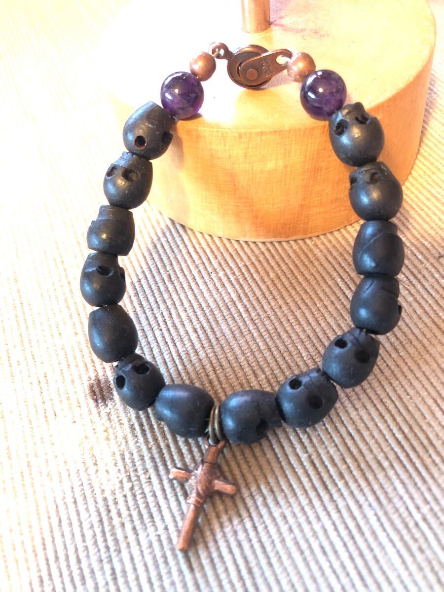 ドクロビーズ十字架ブレスレット長さ18cm拍卖