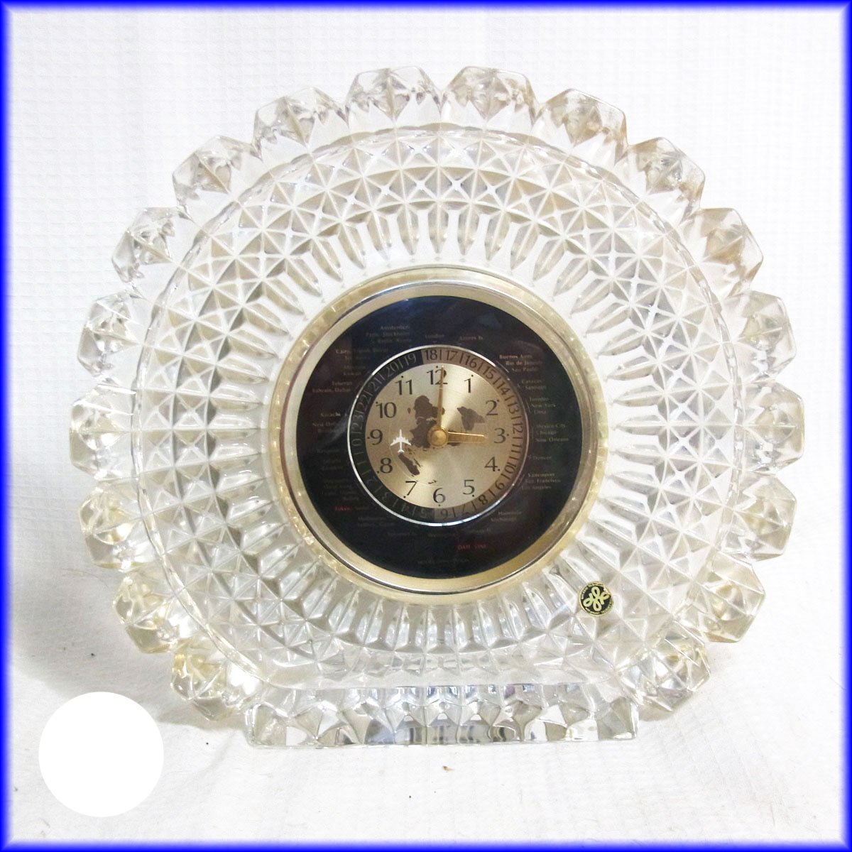 中古★HOYA/ホヤクリスタル ★置時計 アナログ時計 メーカー不明 ガラスプレート風 国際時刻もOK 単三電池式 裏蓋欠品拍卖