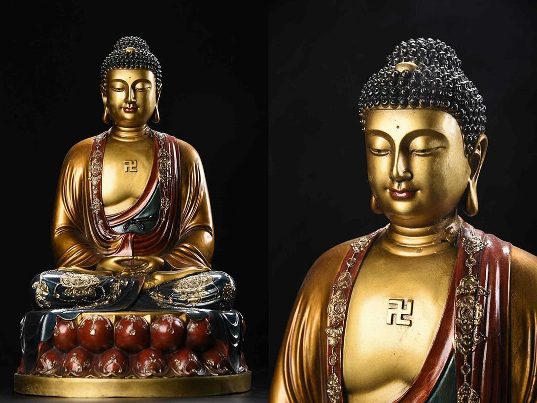 ▼渡鶴羽▼P924清時代 仏教古美術 チベット密教 銅製彩絵釈迦牟尼仏造像★仏像★細密細工★廃寺旧蔵★廃寺買出品拍卖