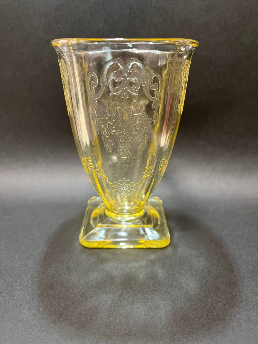 希少 1920年代 インディアナグラス トパーズ ロレイン ブーケ エッチング フッテッドタンブラー 入手困難 ほぼ無傷拍卖