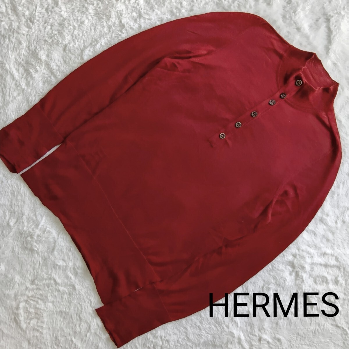 【マルジェラ期】Hermes エルメス カシミヤ Hボタン ハイネック 薄地ニット 抜きロゴ 透け感 赤系 ★1000拍卖
