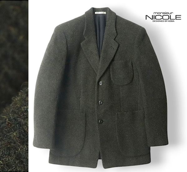 90s ヴィンテージ!美品 monsieur NICOLE ニコル 小林由紀夫 極太ツイード ヘリンボーン 3つボタン ブレザー・ジャケット グレー S拍卖