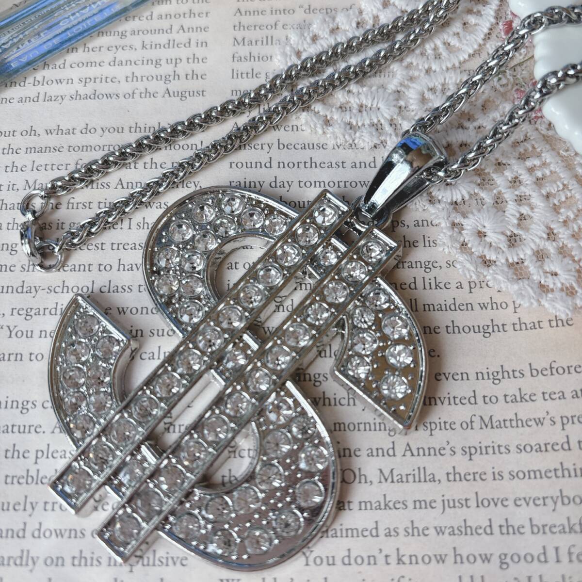 ドルネックレス ヒップホップ マネーダラー リッチペンダント シルバー ストーン チェーン $☆Vintage jewelry accessories R0275拍卖