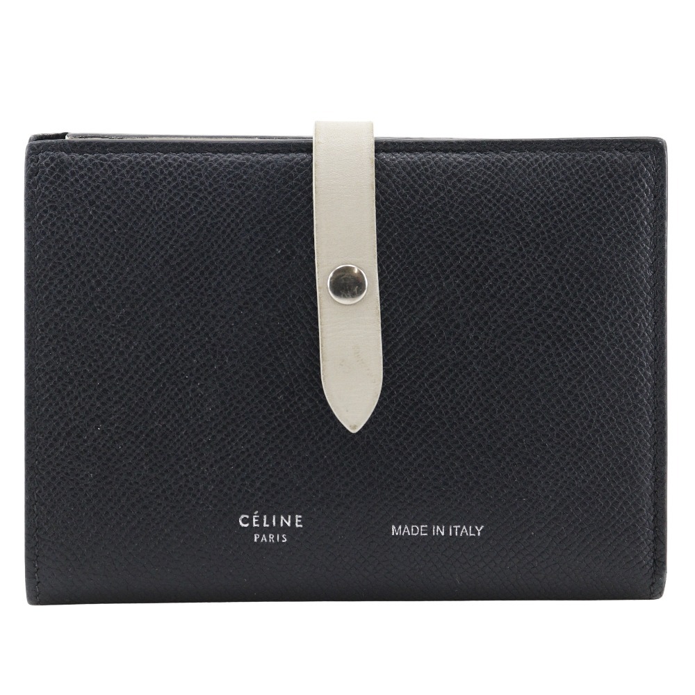 CELINE セリーヌ ミディアムストラップ 二つ折り財布 カーフ 黒/ベージュ レディース【I211723133】中古拍卖