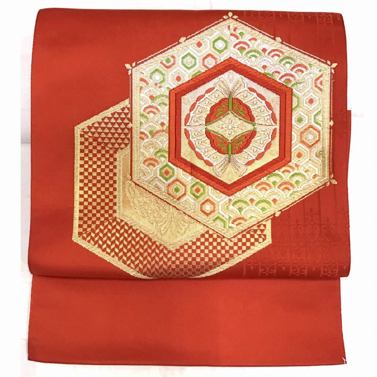 名古屋帯・正絹・亀甲・赤地・No.200701-1144・梱包サイズ60拍卖