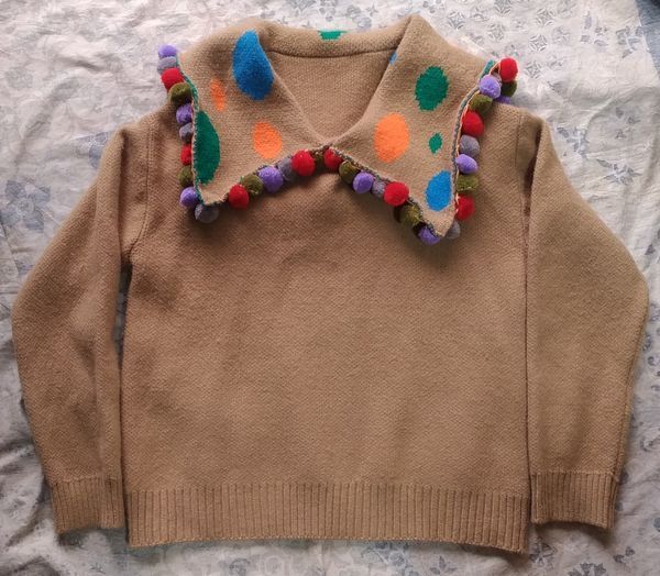 Khaki Koji セーター M~Lサイズ セーラー襟 ポンポン飾り付き 長袖ニット トップス 薄茶色系 ベージュ カーキ コージ used拍卖
