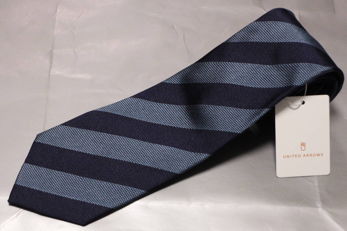ユナイテッドアローズ*フェルモフォサッティ新品ネクタイ超華麗艶ネイビー*ライトブルーレジメンタル織柄切替しフルハンドメイド拍卖
