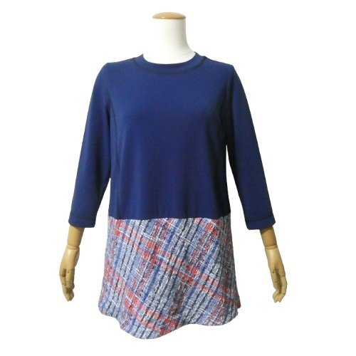 ☆ヒロコビス 美品 定2.9万 ツイード切り替えプルオーバー ブルー系 11号 L 日本製 RBKEP20270 ヒロココシノ HIROKO BIS ◆O1拍卖