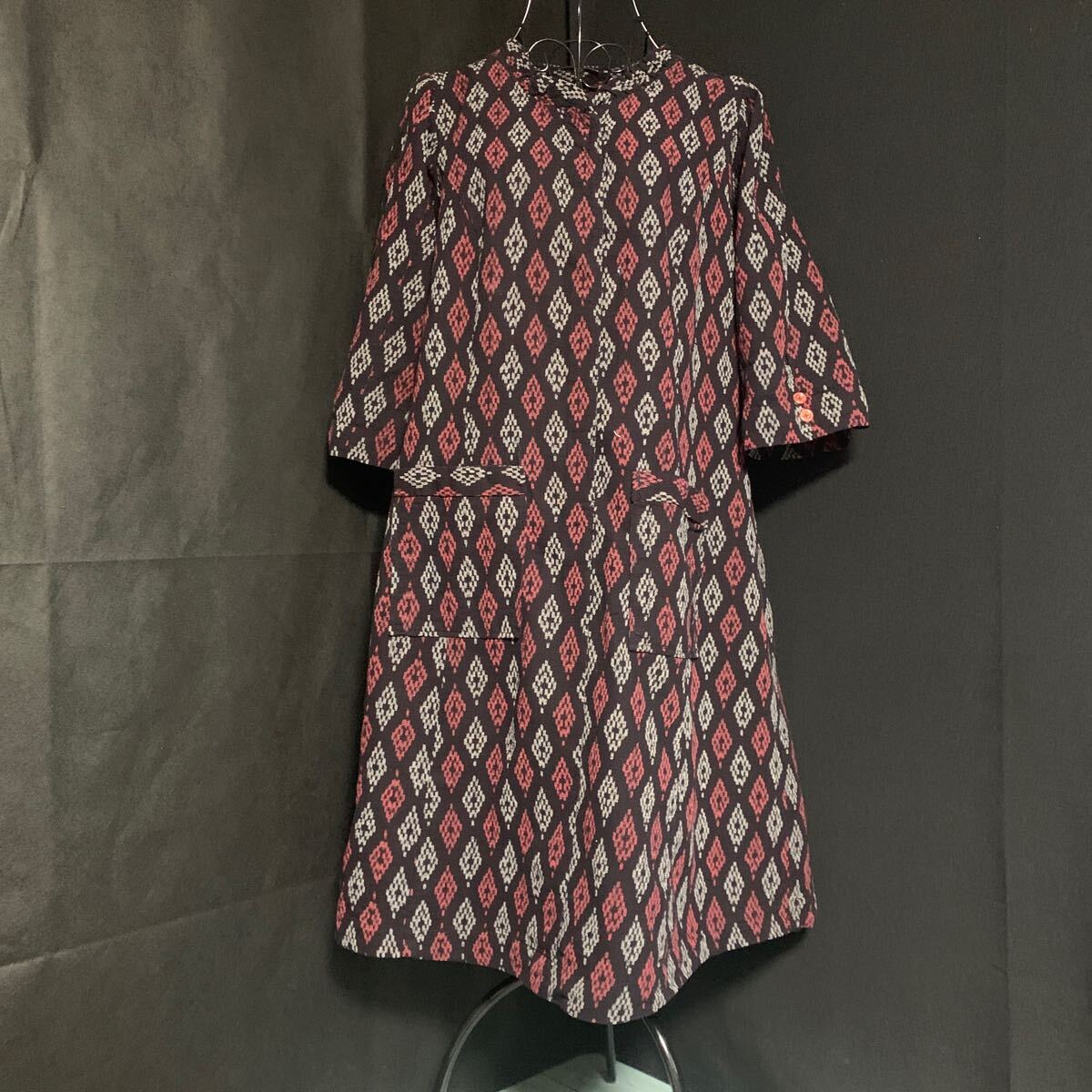 ☆ワンピース 七分袖 藍染 生地 刺し子 リメイク素材 ハンドメイド 古布 型染め 絣 手作り パッチワーク かすり(A-1237)拍卖