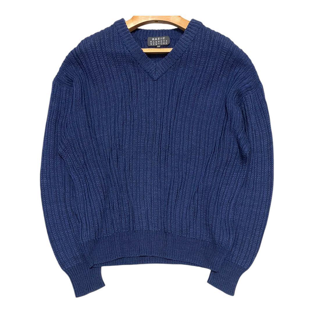 BARNEYS NEW YORK あぜ編みニットセーター コットン100% 48(L相当) ネイビー バーニーズニューヨーク 5S058拍卖