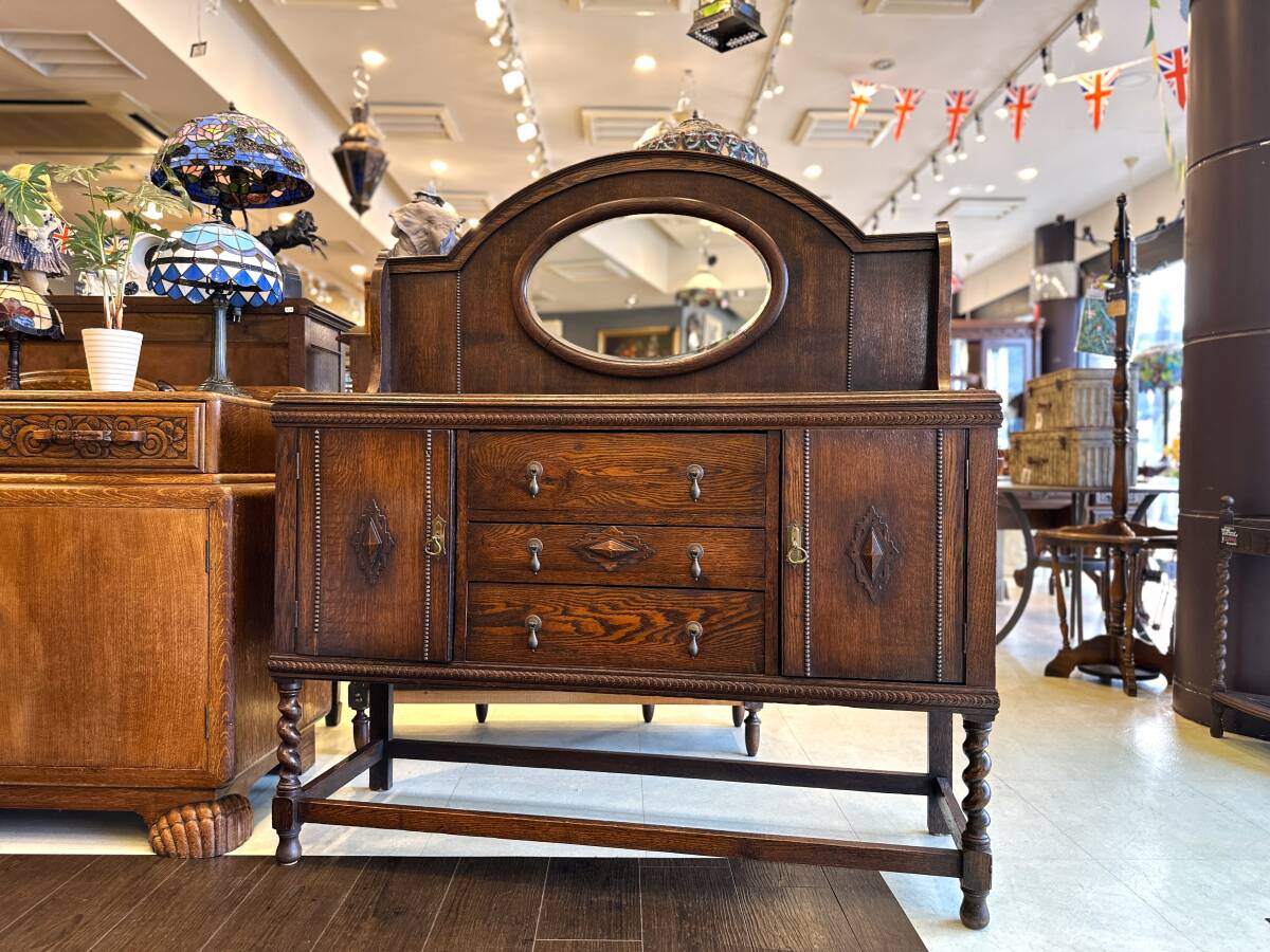 4L33 イギリスアンティーク ジャコビアン様式 ツイストレッグミラーバックサイドボード 食器棚拍卖