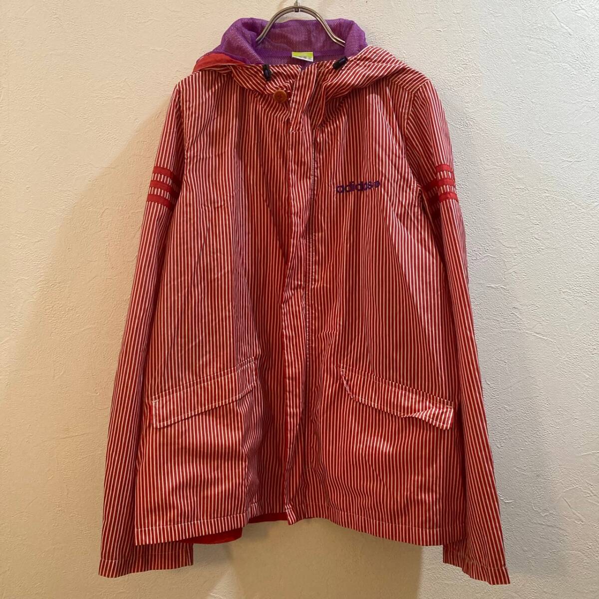 ADIDAS/アディダス 長袖ジップアップナイロンジャケット ストライプ柄 レッド メンズ L拍卖