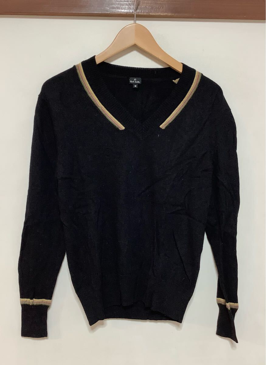 た1571 PS PaulSmith ポールスミス Vネック ウールセーター M ブラック レディース 薄手拍卖