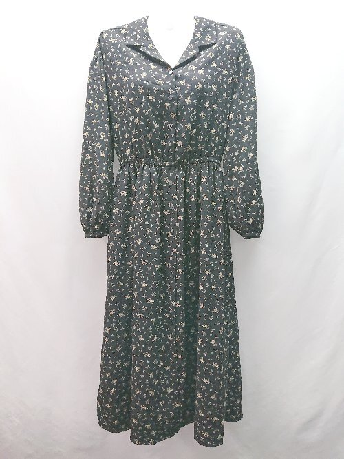 ◇ earth music & ecology 花柄 ウエストゴム フロントボタン 長袖 ロング ワンピース サイズFREE ブラック レディース E拍卖