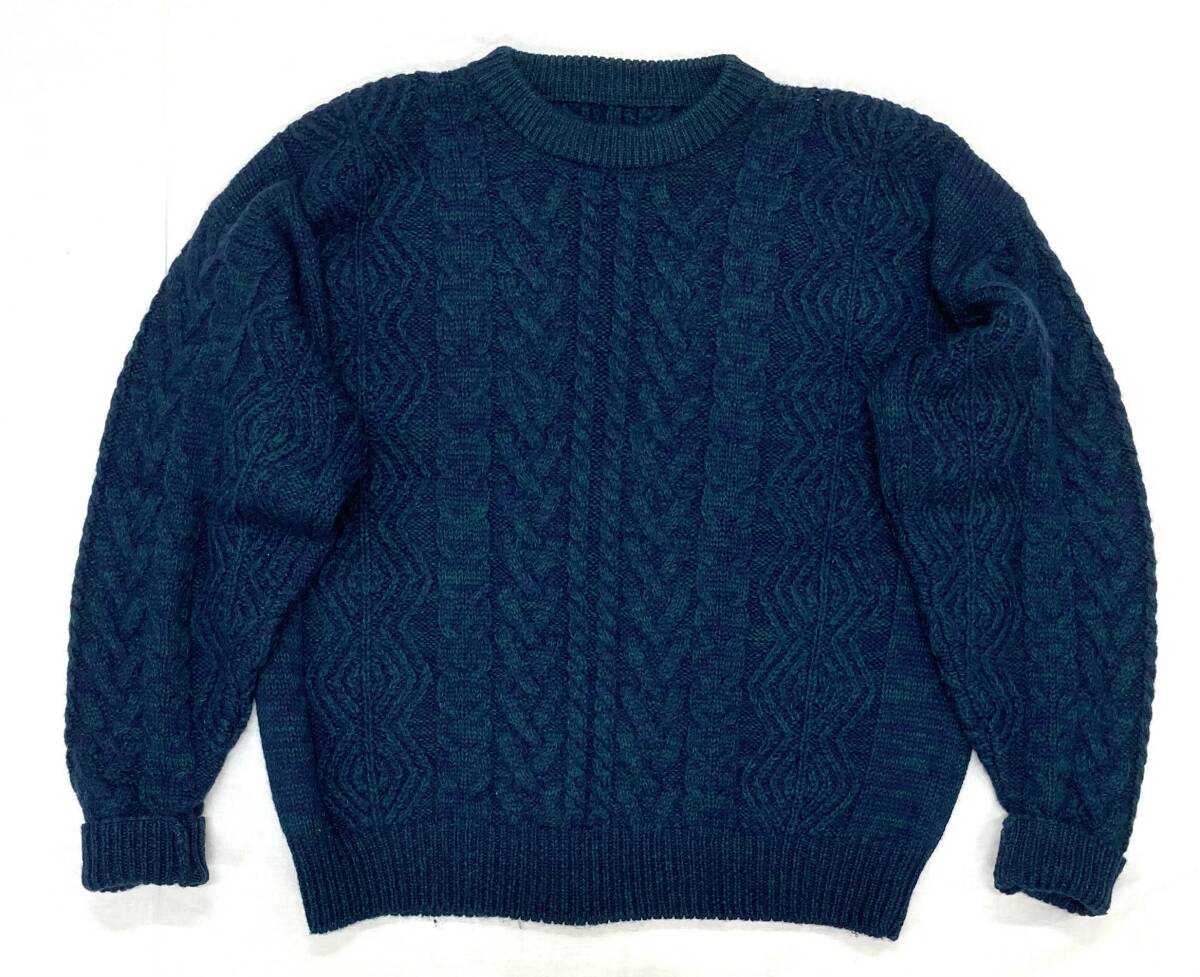 90s エディーバウアー ケーブルセーター ニット Eddie Bauer 黒タグ フィッシャーマン 緑紺ミックス XL アウトドア拍卖