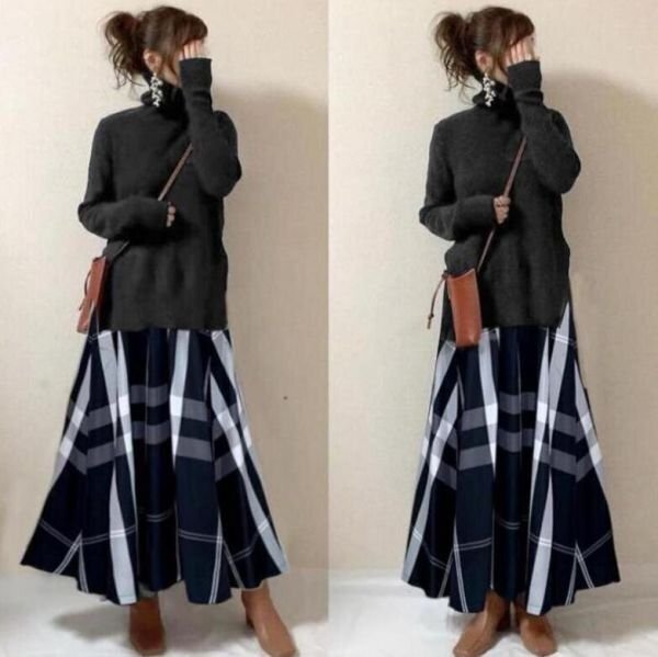 LRM5559 秋冬季セットアップ ニットセータースカートロングワンピース 2点セット長袖ハイネックセーター Aラインチェック柄 ロングスカート拍卖