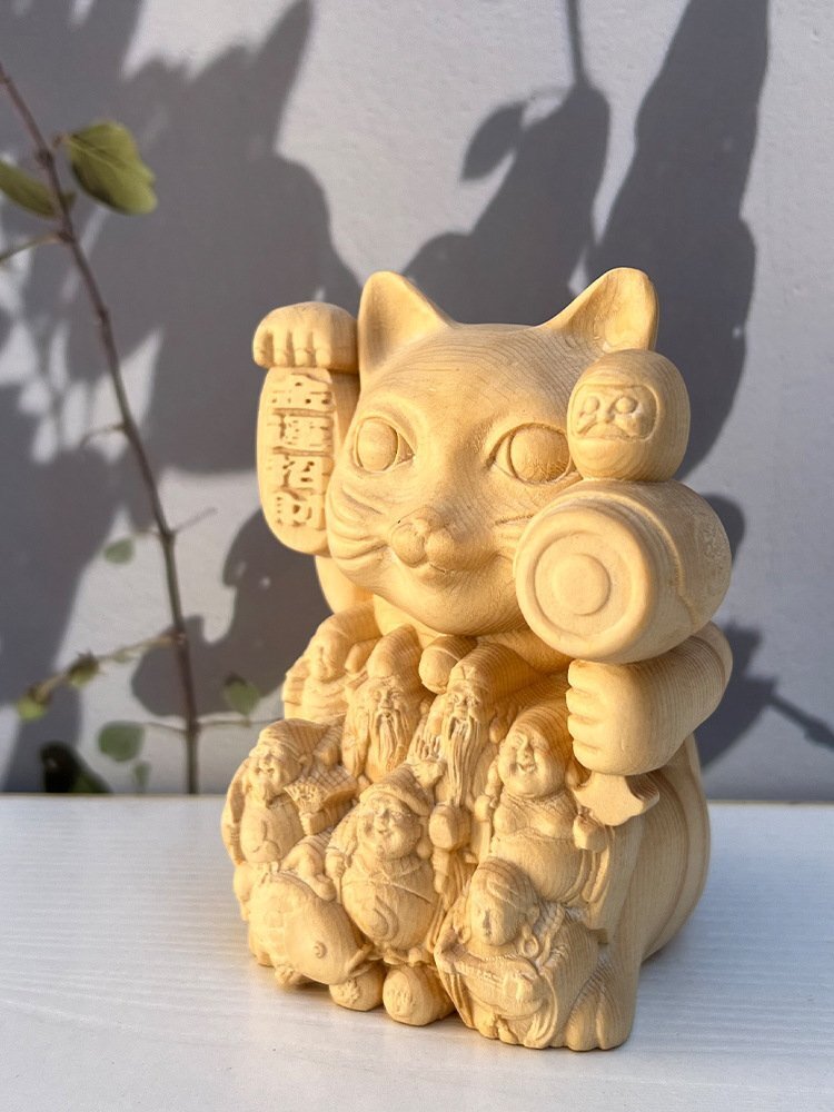 LRM5582 彫刻七福神招き猫 七福神の置物 招福開運の縁起物 布袋福禄寿?弁財天 寿老人 毘沙門天 恵比寿 大黒天 木彫り福の神 縁起物総高10cm拍卖
