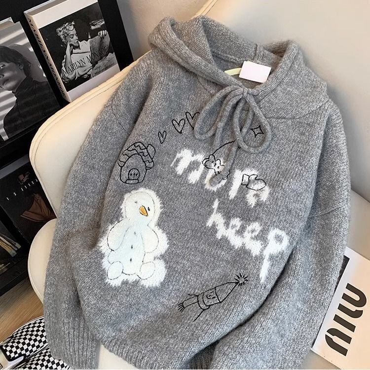 OHJ1444★新作上質フード 羽織物 可愛い柄 ゆったり ニット セーター 大人可愛 フリーサイズ ナチュラル 暖かい グレー拍卖