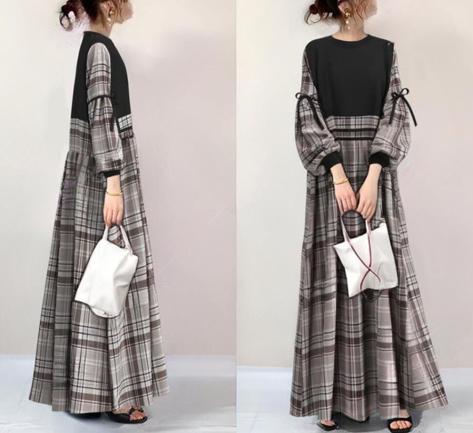LRM5554上品エレガント チェック柄 切り替え ふんわり袖 長袖ロング カジュアルワンピース通勤オフィス ロングワンピース マキシワンピース拍卖